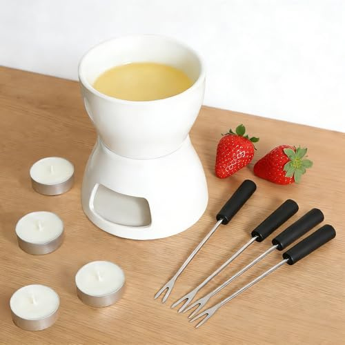 CAIEJSAEN 400ml Keramik-Schokofondue-Set Keramikschale mit 4 Kerzen und 4 Gabeln Schmelztopf für Schokolade und Käse Schmelztiegel Dessert Dipschale Schmelzgefäß