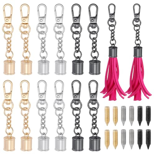 PH PandaHall 12 Stück 3 Farben Quaste Kordel Ende Kappe QuasteSpitzen 7.7 cm Leder Quaste Säule Leim in Kordel Perle Kappe Ösen mit Drehgelenk Verschlüsse und Schraube für Reißverschluss Züge Tasche