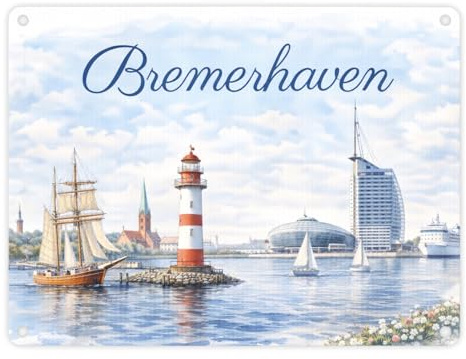 Bremerhaven Segelschiff Leuchtturm Metallschild in 15x20 cm Nautische Dekoration - maritimer Humor für Zuhause