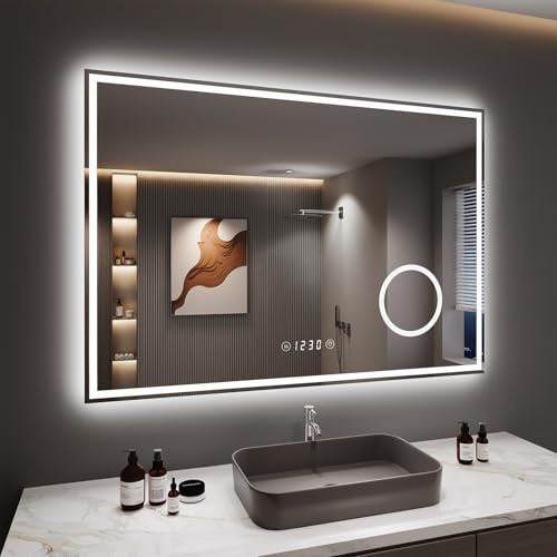 Dripex Badspiegel mit Beleuchtung Led Spiegel mit 3-Fach Schminkspiegel, Uhr und Steckdose, Dimmbar, 3 Lichtfarbe Einstellbare Badezimmerspiegel mit Beleuchtung, Beschlagfrei 70 x 100 cm