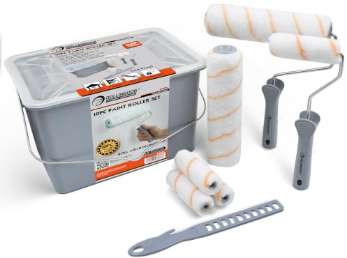 ROLLINGDOG 10 PC Paint Roller Set – 9 and 4 Inch Rollers, Paint Bucket Set | 12 mm nap polyester sleeves, 25 cm lidded bucket, tapered fit for extension poles