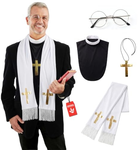 Fun Shack, Priest Costume Men, Halloween Costumes for Men | Bib-style Shirt Insert, Gold Cross Necklace, Pair of Classic Glasses Included, Perfect for Halloween, Great for Fancy Dress