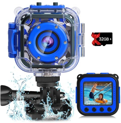 PROGRACE Children Kids Camera Waterproof Digital Video HD Action Camera 1080P Sports Camera Camcorder DV for Boys Girls Birthday Gifts Learn Camera Toy 1.77 Inch LCD Screen