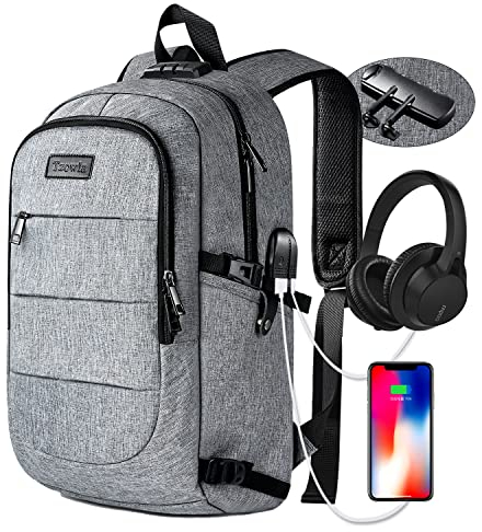 Tzowla Laptop Travel Backpack Mens Womens Water Resistant Anti-Theft Bag with USB Charging Port and Lock 15.6 Inch Computer Business Backpacks for School Work College Gift,Casual Daypack-Grey