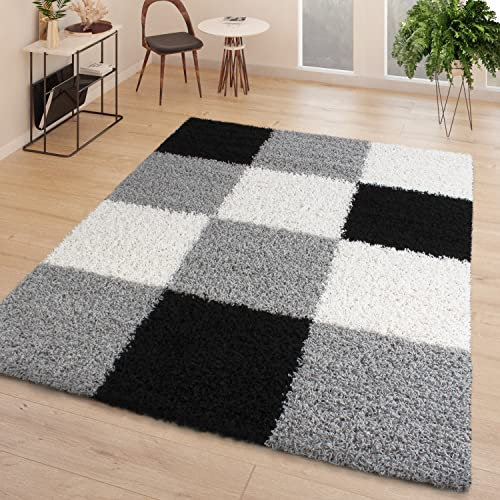 T&T Design Teppich Moderne Hochflor Teppiche Shaggy Karo Muster, Farbe: grau, Größe:70x140 cm