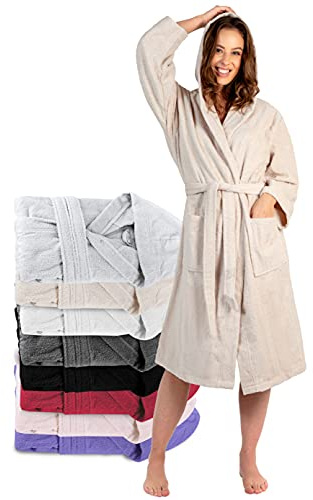 Twinzen Bademantel Damen - 100% Baumwolle OEKO-TEX® Zertifiziert - XS, S, M, L, XL - Morgenmantel Damen mit Kapuze, 2 Taschen, Gürtel