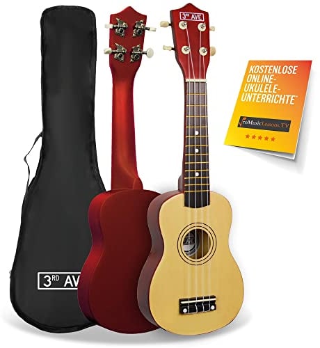 3rd Avenue Sopran-Ukulele für Anfänger, 54 cm/21“ mit Ukuleletasche – in Natur – KOSTENLOSE 1-monatige Online-Lektionen