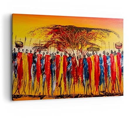 Wandbilder Dekoration Wohnzimmer Afrika Stamm Bilder auf Leinwand 120x80cm Leinwandbild mit Rahmen Schlafzimmer Küche Deko Wand Kunstdruck Art Groß XXL Wanddeko Bild Wall Decor Canvas AA120x80-3752