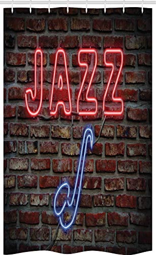 ABAKUHAUS Musik Schmaler Duschvorhang, Alle Jazz Sign Backsteinmauer, Badezimmer Deko Set aus Stoff mit Haken, 120 x 180 cm, Blau Rot