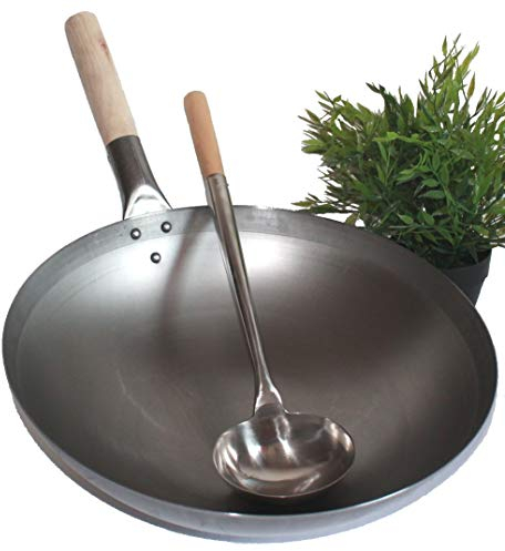 AAF Nommel ® Wok Set de poêle 35 cm Ø fond rond acier carbone + louche en acier inoxydable 44 cm de long avec poignée en bois. Pour cuisinière à gaz, à induction et à induction.