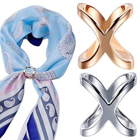 2PCS (Gold + Silber) X Form Frauen Dame Mädchen Mode Schal Ring Schnalle Modern Einfacher Schmuck Seide Schal Verschluss Clips Kleidung Wrap Halter Kleidung Dekoration Zubehör