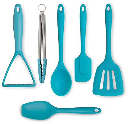 Zeal JSET46A Non-Stick Silicone Turner, Tongs, Masher, Spatula Cooks Spoon 6-Piece Set-Aqua