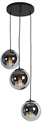 QAZQA - Art Deco Art-Deco-Pendelleuchte I Pendellampe I Hängelampe I Pendellampe I Pendelleuchte I Lampe I Leuchte schwarz mit Rauchglas 3-flammig - Pallon I Wohnzimmer I Schlafzimmer - Kugel I Kugelf