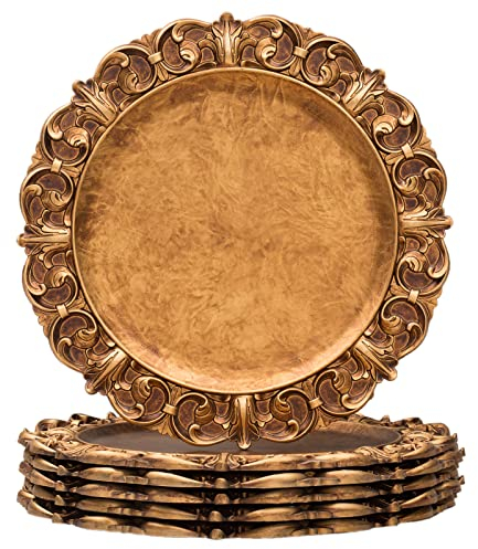 MAONAME Piatti caricatori da 35,6 cm in oro antico con bordo in rilievo, caricatori in plastica per piatti da pranzo, set da 6 pezzi