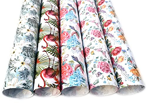 Exklusives Geschenkpapier Set Kraftpapier 5 Rollen a` 2m x 70cm - Blumen und Vögel Design - ideal für Geburtstags-, Hochzeits-, oder andere Feiern - Geschenkverpackung recycelt