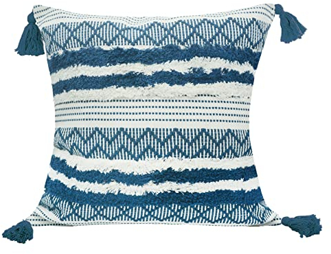 LIGICKY Boho Kissenbezug Büschelige Dekorative Kissenbezüge Getuftet Weich Kissenhülle mit Quaste Baumwolle Kissen Boho für Sofa Couch Schlafzimmer Wohnzimmer Büro Auto, 45 x 45 cm, Blau und Weiß