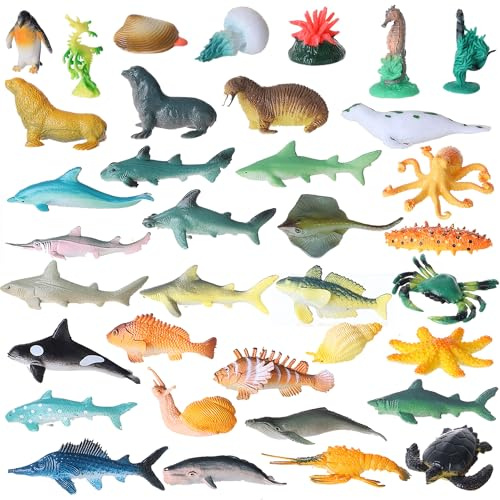 FLORMOON 36 mini figuras de animales oceánicos, decoraciones realistas de plástico para jardín de hadas, accesorios de casa de muñecas, proyecto científico, fiesta de cumpleaños, regalo para niños
