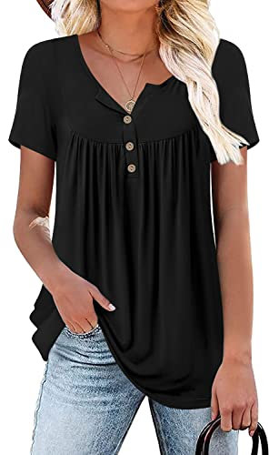POPYOUNG Women Tunic for Leggings Ladies Henley Shirts Short Sleeve Tops Summer Blouse L, Black