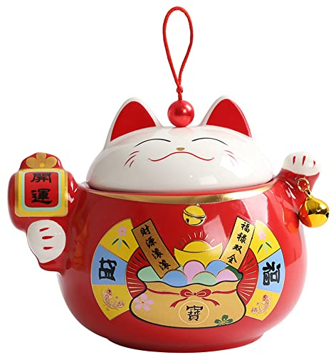 OWLONLINE Joli pot à thé en céramique chat porte-bonheur bonbons/café/thé/cuisine stockage d'épices-capacité 250G, rouge
