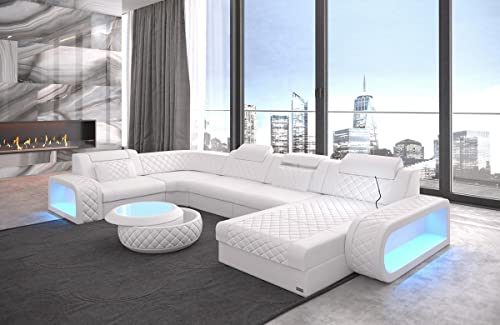 Wohnlandschaft Berlin U Form Leder mit Kopfstützen Sofa mit LED Beleuchtung Moderne Couch (Ottomane rechts, White)