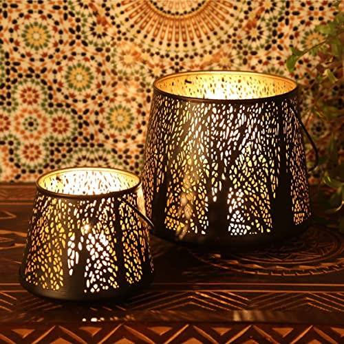 Orientalisches Windlicht Como 2er Set aus Metall innen Gold außen schwarz, 2 runde Laternen mit Henkel Marokkanische Kerzenhalter aus 1001 Nacht | Ostern Wohn-Deko Muttertag IRL74