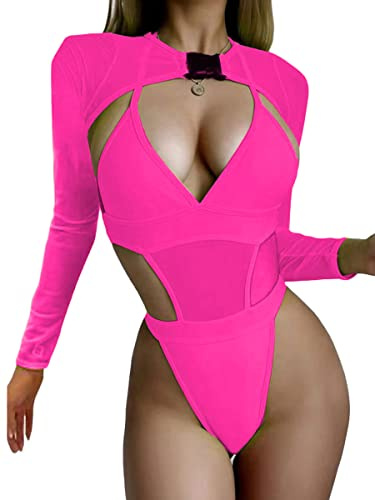 FeMereina Tenues de rave, body fluo, haut court à manches longues, maillot de bain en maille avec boucle pour festival, club, fête, rose, M