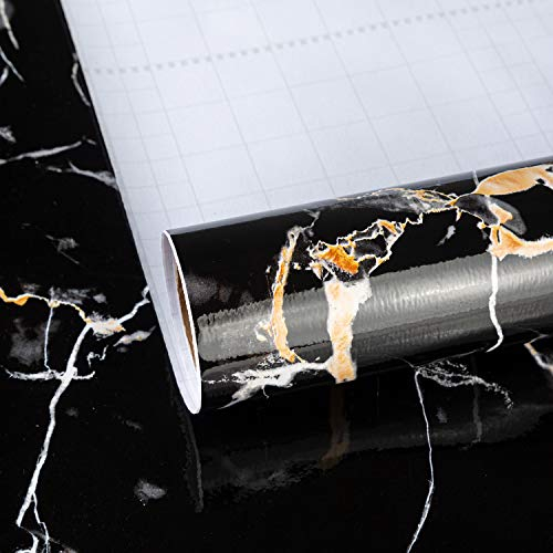 TOTIO Black Marble Self Adhesive Wallpaper Shiny Thicken Black Granite Look Furniture Sticker 16x354inch Marble Vinyl Wrap Waterproof Wall Sticker for Bathroom Kitchen Worktop Covering