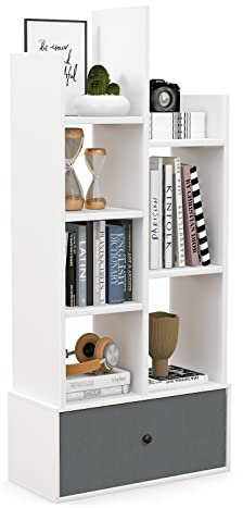 CASART Tree-Shaped Bookshelf, Wooden Bookcase with 1/2 Drawers, 7/12 Compartments & Anti-Tipping Device, Floor Standing Display Shelf for Living Room Bedroom Office (White, 7 Cubes + 1 Drawers)