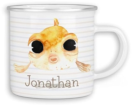 timalo® Emaille Tasse personalisiert mit Namen | Kinder Blechtasse Kindertasse bedruckt mit süßen Tiermotiven Kindergarten Motiv Tiere | 17- Fisch