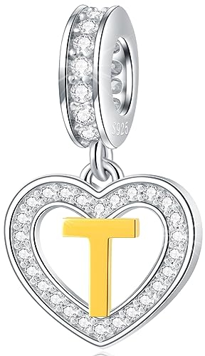 Letter T Charms Initial Necklace Pendant, 18K Gold Letra t, 925 Sterling Silver Heart Alphabet Dangle Beads, fit Pandora Clasp Snake Chain, Gifts for Teacher/Teens/Travel