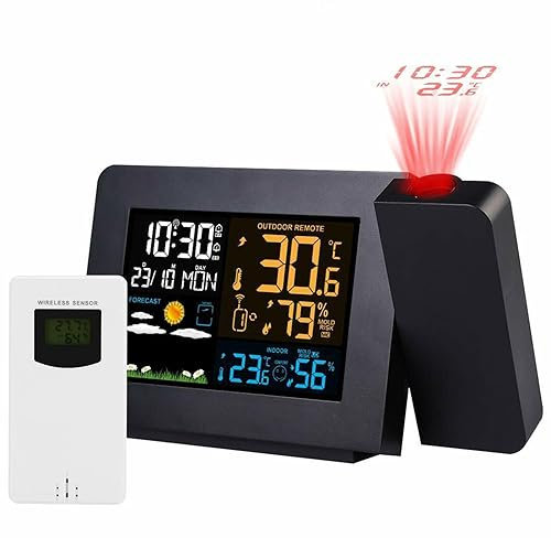 ExoticaBlend Projection Alarm Clock with Outdoor Sensor,Weather Station for Bedroom,Projector Dimmable Clock Dual Alarms LED Display Temperature Humidity Date Time