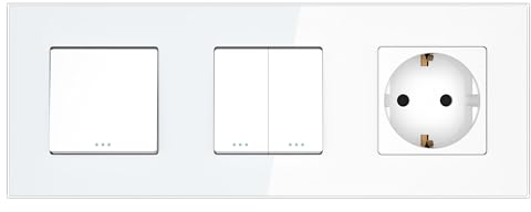 PULSAR Lichtschalter/Serienschalter/Steckdose Unterputz Weiß Glas, Kombination 3-Fach mit Glasrahmen, Schalter mit Doppelschalter 1-Weg und Wandsteckdose 16A, 228 x 86mm