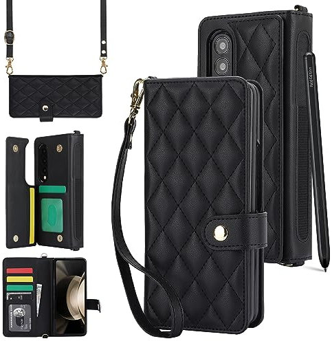 XIZYO für Samsung Galaxy Z Fold 4 Leder Crossbody Brieftasche Klapphülle mit 2 Abnehmbarem Lanyard Riemen, mit Stifthalter, Luxus Magnetverschlüsse Stoßfest Handyhülle mit Kartenhalter, Schwarz
