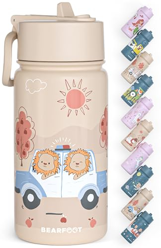 BEARFOOT Trinkflasche Kinder Edelstahl mit Strohhalm - Thermosflasche 400ml - BPA frei - auslaufsicher - Kleinkinder, Mädchen & Jungen Wasserflasche für Schule, Kindergarten (Beige - Polizei Löwen)