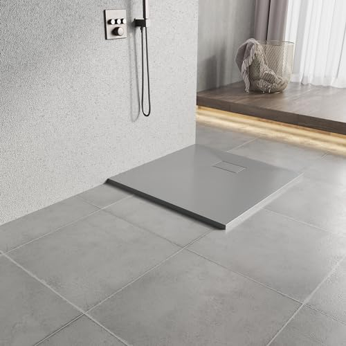 Heilmetz Plato de ducha 90x90x2,6cm Plato de ducha de cristal efecto piedra-ReSine SMC para mamparas de ducha,Gris