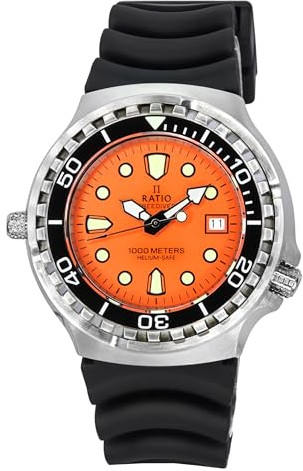 RATIO FreeDiver Taucheruhr 2. Generation, Saphirglas, Quarzwerk, Taucheruhr, 1000 m wasserdicht, Taucheruhr für Herren, Orange – PU-Armband, Taucher
