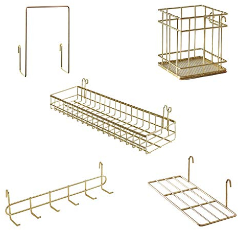 PEAUARL Metallgitter-Hängekorb, Ausstellungsregal, Stifthalter, Hakenregal, Bücherregal, dekorativer Schreibtisch-Organizer für Büro, Arbeitszimmer, 5 Stück (Gold)