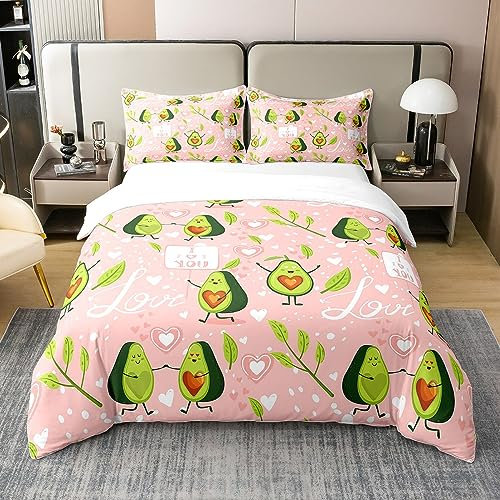 Homewish Coton, Housse de Couette Avocat 200x200 pour Enfants Garçons Filles, Parure de Lit Coeur d'amour Mignon, Ensemble de Literie Imprimé Fruits Tropicaux et Feuilles, Rose Vert