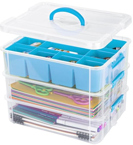 Creahaus 3 Layer Plastic Stackable Storage Boxes with Lid & Removable Tray,Storage Containers Multipurpose Portable Clear Organizer Carry Box for Organizing Art Craft,Sewing, Bead, Tool (Blue