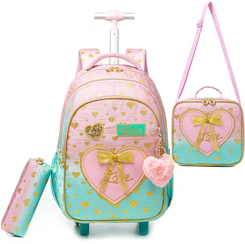 HTgroce Cartable à roulettes Sac à Dos Filles Cartable Sac Trolley avec Sac Repas Trousse à Crayons Sac à Dos à roulettes Cartable Roulette Fille CE1