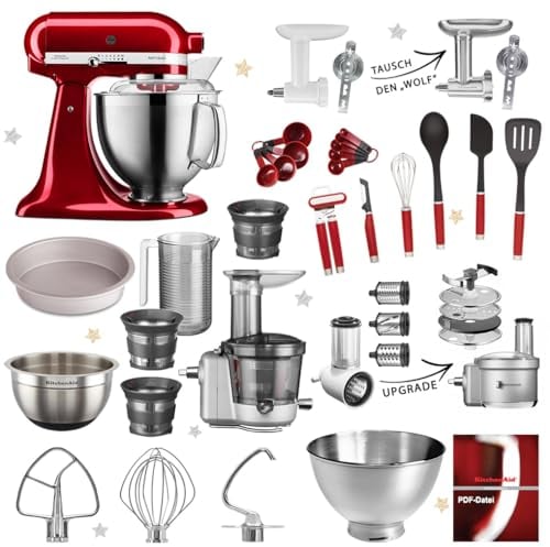 KitchenAid Artisan Küchenmaschine, 4,8 Liter, inkl. Zubehör, Fleischwolf, Gemüseschneider, Entsafter-Vorsatz, Backset inkl. Waage Liebesapfelrot Mega-Winter-Set