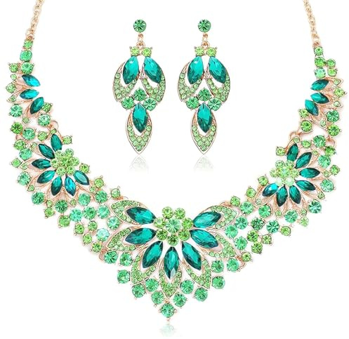 Schmuck, 2 Stück Brautschmuck, Kristall Halskette & Ohrringe Set, Hochzeit Schmuck Sets, Blumen Schmuck Set, Vintage Strass Ohrringe und Halskette, für Hochzeit, Braut, Brautjungfern, Geschenk, Grün