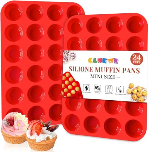 CLUEWR Lot de 2 mini moules à muffins en silicone pour 24 tasses, sans BPA et antiadhésif, pour brownies, gâteaux, puddings et cupcakes