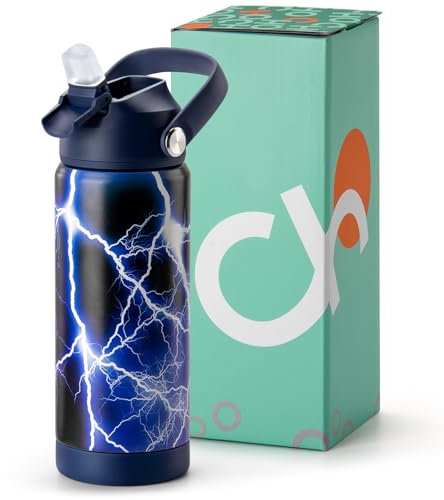 Choco Mocha Boys Water Bottle Kids Stainless Steel Water Bottle Metal Water Bottle with Straw Leak Proof Insulated Bottle for School BPA Free Double Wall 14/18 Oz,Black Lighting
