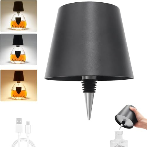 Wireless Bottle Lamp, Adjustable Brightness 3 Color Wine Bottle Light with 2500 mAh Battery, Touch Control Rechargeable Metal Waterproof Table Lamp for Dining Room/Bedroom/Bar, Black