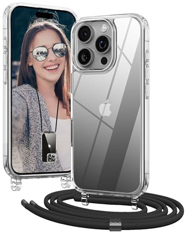 OLEPHY Handykette für iPhone 16 Pro Max Hülle mit Band, Necklace Handyhülle, Transparente Schutzhülle zum Umhängen [Verstellbarem und Demontage Umhängeband], Schwarz