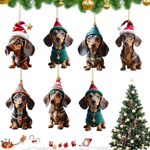 7 Stück Dackel Weihnachtsbaumschmuck, Dachshund Tannenbaumschmuck, 2D Weihnachten Dackel Deko, Christbaumschmuck Dackel Weihnachtsanhänger, Dackel Weihnachtsdeko für Hause, Auto