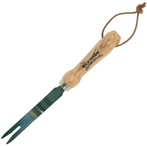 AMK® Wilkinson Sword Green Epoxy Coated Carbon Steel Garden Weed Grubber Wooden Handle And Leather Storage Loop For Hanging