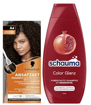 Schwarzkopf Ansatzset A4 Dunkelbraun Stufe 3 (45 ml) zum Haaransatz kaschieren in nur 10 Minuten, Ansatzfarbe & Schauma Farbschutz-Shampoo Color Glanz (400 ml) pflegt coloriertes Haar