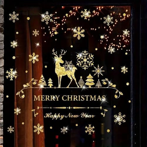 Fensterbild Weihnachten, Happy New Year, Merry Christmas,Rentier gold, glitzer, Feiertagsdekoration, Selbstklebend für Glastüren und Fenster, Christmas Window Sticker, Fenstersticker, Fensteraufkleber